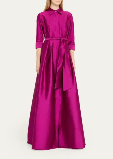 Rickie Freeman for Teri Jon 3/4-Sleeve Taffeta Shirtdress Gown | Thumbnail 12
