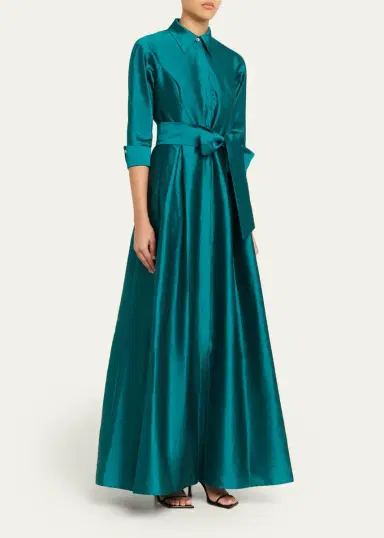 Rickie Freeman for Teri Jon 3/4-Sleeve Taffeta Shirtdress Gown | Thumbnail 4