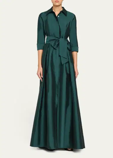 Rickie Freeman for Teri Jon 3/4-Sleeve Taffeta Shirtdress Gown | Thumbnail 6