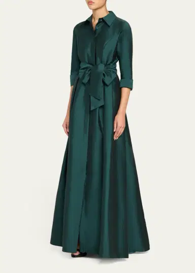 Rickie Freeman for Teri Jon 3/4-Sleeve Taffeta Shirtdress Gown | Thumbnail 8