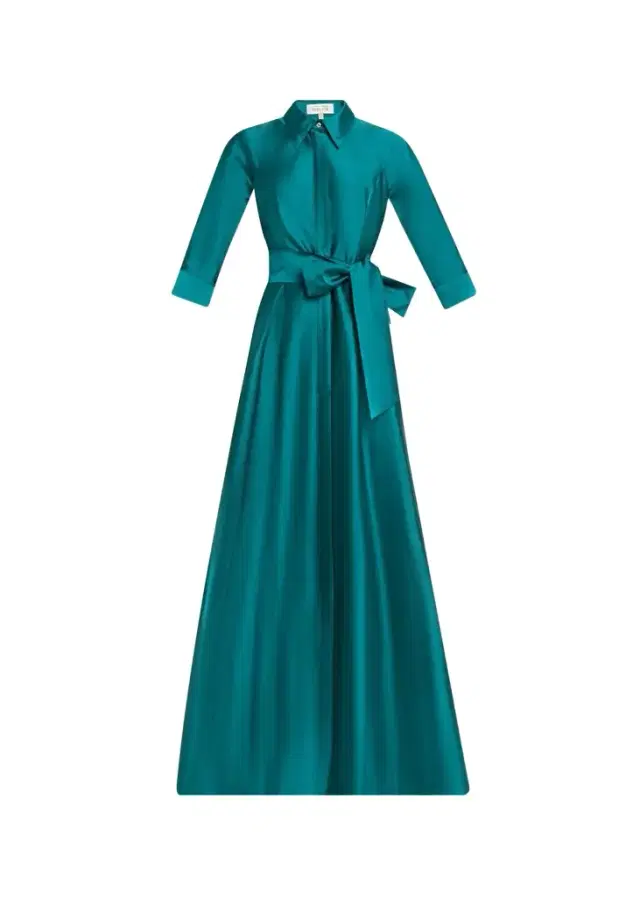 Rickie Freeman for Teri Jon 3/4-Sleeve Taffeta Shirtdress Gown