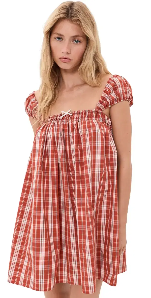 FAITHFULL Belinha Babydoll Mini Dress Ines Check Terra Rosso