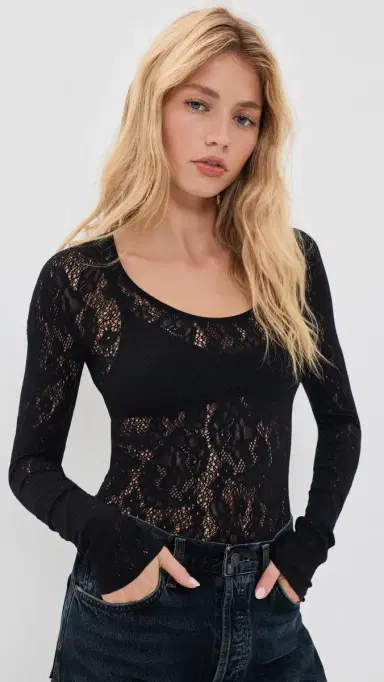 Wolford Infinite Rose Net Long Sleeve Tee Black L | Thumbnail 2