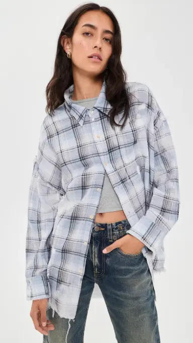 R13 hredded eam Button Down Shirt Blue Bleached Plaid | Thumbnail 2