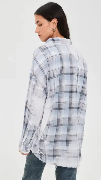 R13 hredded eam Button Down Shirt Blue Bleached Plaid | Thumbnail 3