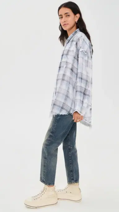 R13 hredded eam Button Down Shirt Blue Bleached Plaid | Thumbnail 4