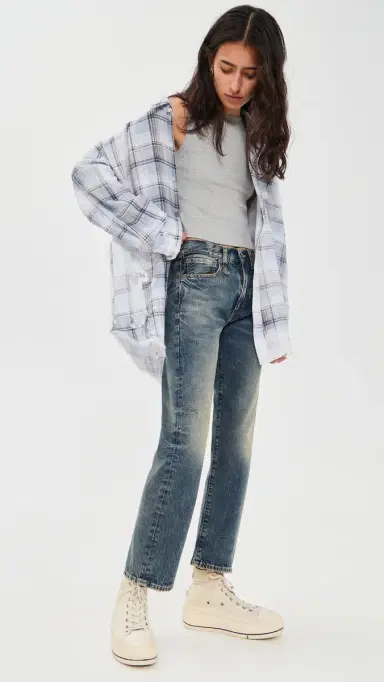 R13 hredded eam Button Down Shirt Blue Bleached Plaid | Thumbnail 5