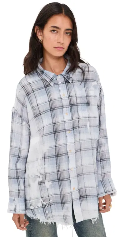 R13 hredded eam Button Down Shirt Blue Bleached Plaid | Thumbnail 1