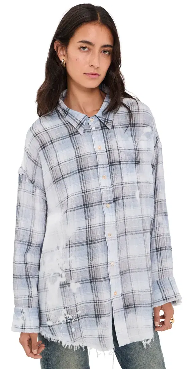 R13 hredded eam Button Down Shirt Blue Bleached Plaid