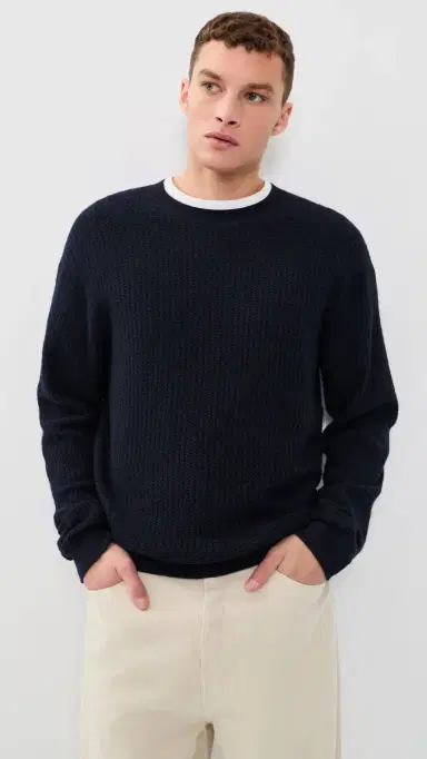 Frame Textured Crew Neck Wool Sweater Dark Navy | Thumbnail 2