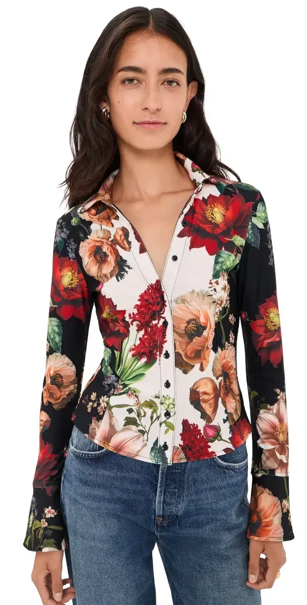 Alice + Olivia Freya Fitted Button Down Top Floral Radiance