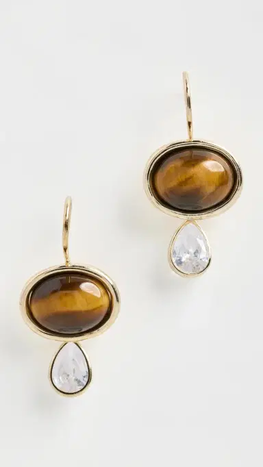 SHASHI Oval Tiger Eye Gemstone Drop Earrings Gold/Tiger Eye One Size | Thumbnail 2