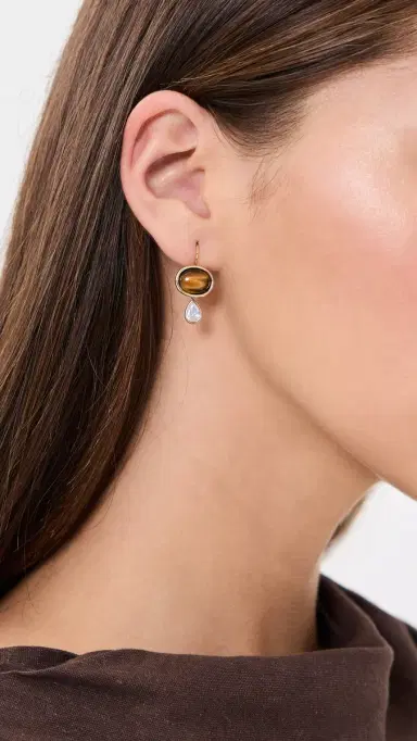 SHASHI Oval Tiger Eye Gemstone Drop Earrings Gold/Tiger Eye One Size | Thumbnail 3
