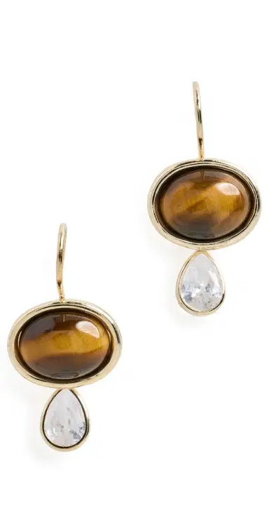 SHASHI Oval Tiger Eye Gemstone Drop Earrings Gold/Tiger Eye One Size | Thumbnail 1
