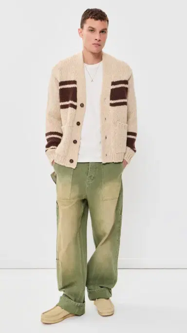 UNIVERSAL WORKS angdale Chunky Knit Stripe Cardigan Ecru | Thumbnail 5