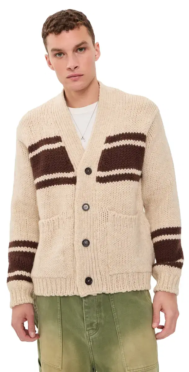 UNIVERSAL WORKS angdale Chunky Knit Stripe Cardigan Ecru