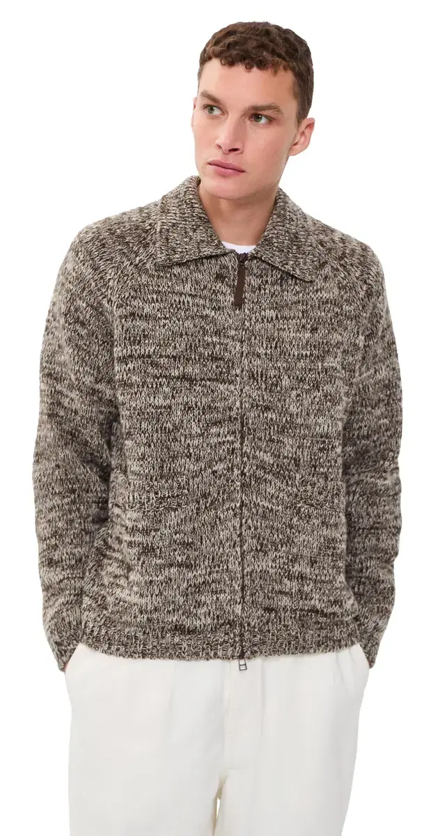 ambswool Zip Cardigan Ecru/Brown