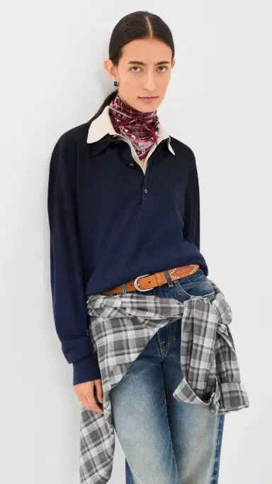 Acne Studios ayered Knit Polo Sweater Navy/Beige | Thumbnail 2