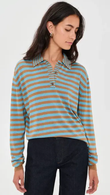 La Ligne Striped Ben Polo Sweater Camel/Cerulean | Thumbnail 2 La Ligne Striped Ben Polo Sweater Camel/Cerulean | Thumbnail 2