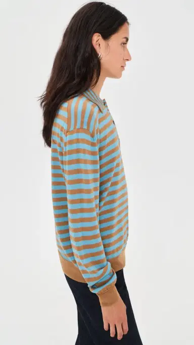 La Ligne Striped Ben Polo Sweater Camel/Cerulean | Thumbnail 4 La Ligne Striped Ben Polo Sweater Camel/Cerulean | Thumbnail 4