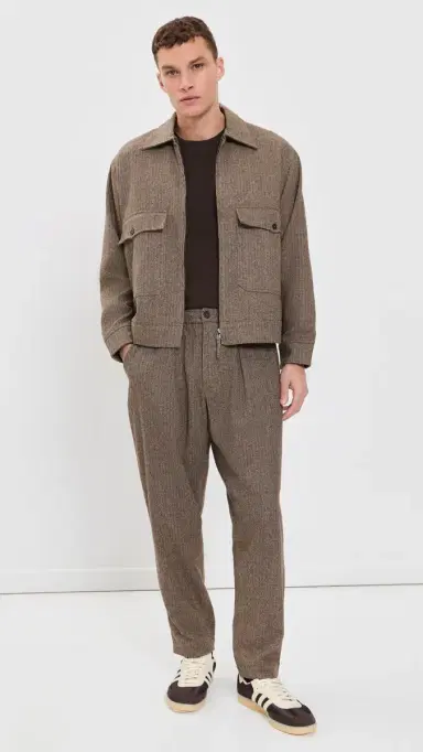 UNIVERSAL WORKS Wool Herringbone Pleated Track Pants Brown | Thumbnail 5 UNIVERSAL WORKS Wool Herringbone Pleated Track Pants Brown | Thumbnail 5