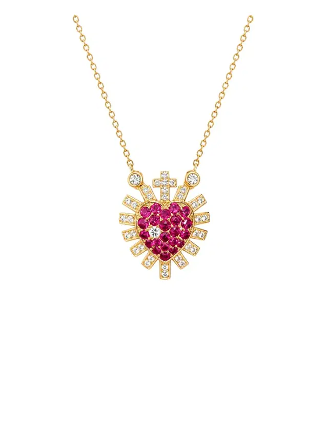 Wish Fine Jewelry 0.5ct Diamond Ruby 18K Gold Sacred Heart Necklace