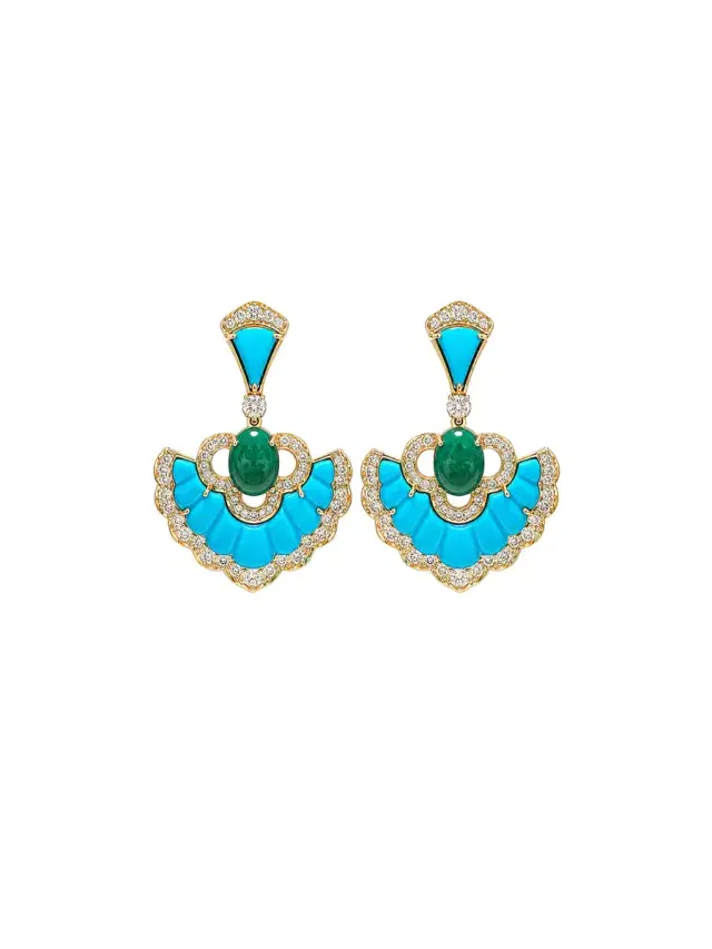 Wish Fine Jewelry 12.96ct Diamond Emerald Turquoise 18K Gold Drop Earrings