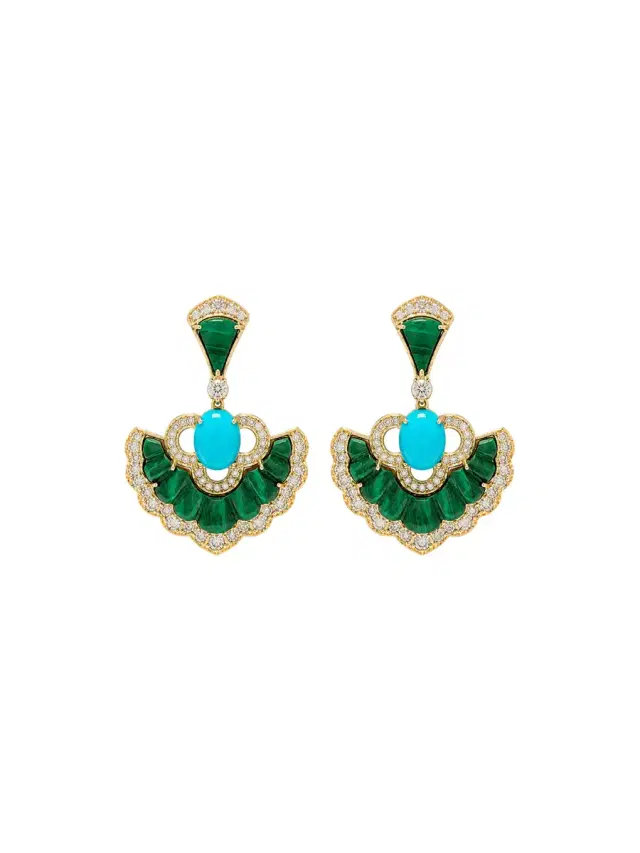 Wish Fine Jewelry 15.42ct Diamond Malachite Turquoise 18K Gold Drop Earrings