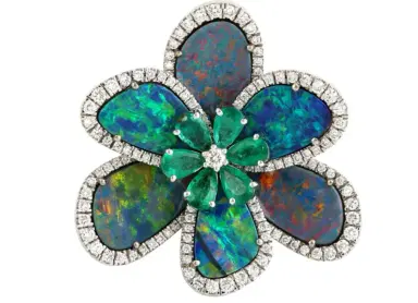Wish Fine Jewelry 9.21ct Diamond Emerald Opal 18K Gold Cocktail Flower Ring | Thumbnail 1