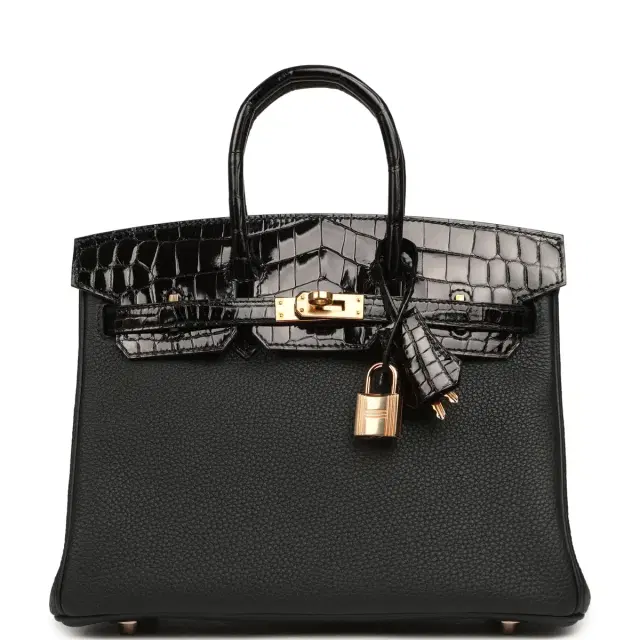 HERMÈS Hermes Birkin 25 Touch Black Togo, Shiny Niloticus Crocodile Touch Rose Gold Hardware