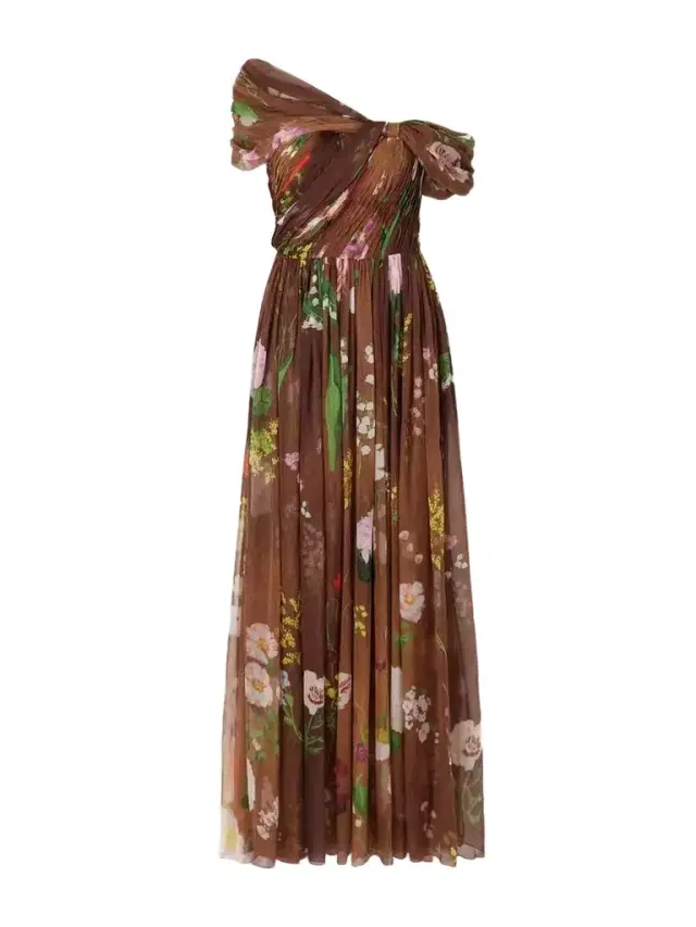 Off-the-shoulder Pleated Floral-print Silk-chiffon Gown