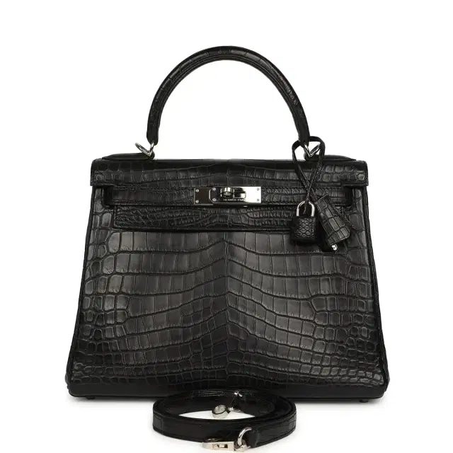 HERMÈS Pre-owned Hermes Kelly Retourne 28 Black Matte Niloticus Crocodile Palladium Hardware