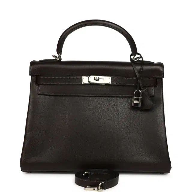HERMÈS Vintage Hermes Kelly Retourne 32 Ebene Evergrain Palladium Hardware