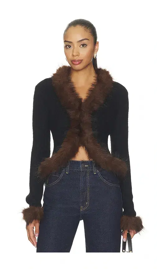 self-portrait Black Faux Fur Knit Cardigan