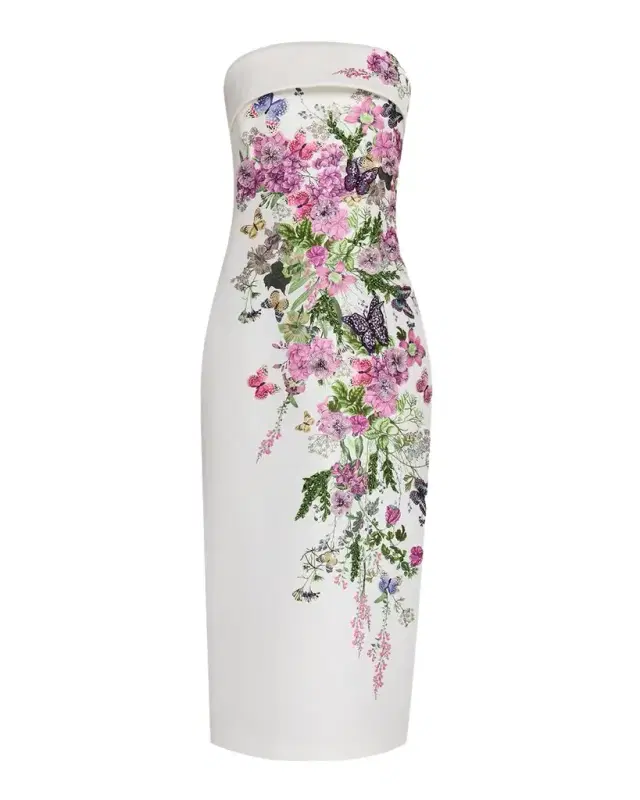 Badgley Mischka Collection Strapless Floral-Print Applique Midi Dress