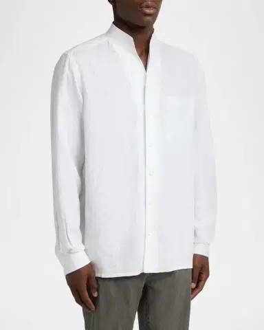 Zegna Men's Oasi Linen Stand-Collar Button-Down Shirt | Thumbnail 4 Zegna Men's Oasi Linen Stand-Collar Button-Down Shirt | Thumbnail 4