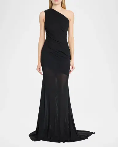 Alex Perry One-Shoulder Tucked Power Mesh Trumpet Gown | Thumbnail 2