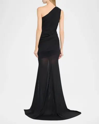 Alex Perry One-Shoulder Tucked Power Mesh Trumpet Gown | Thumbnail 3