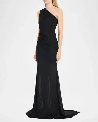 Alex Perry One-Shoulder Tucked Power Mesh Trumpet Gown | Thumbnail 4