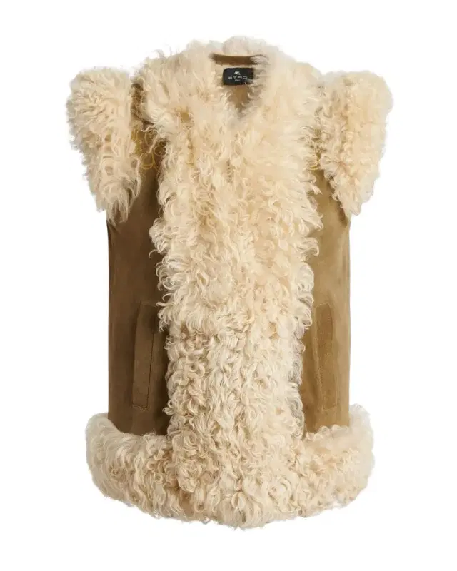 Etro Peacock Embroidered Lamb Shearling Vest
