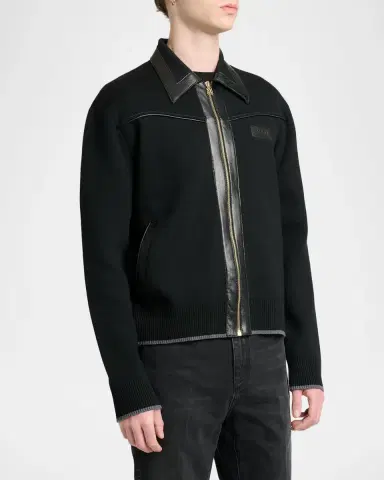 AMIRI Men's Merino Wool Leather-Trim Full-Zip Blouson | Thumbnail 4