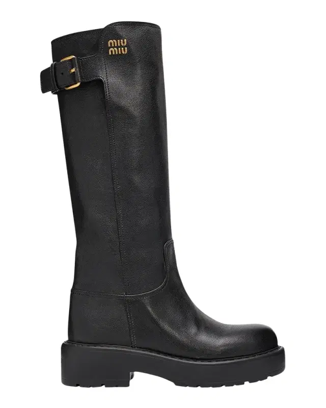 Miu Miu 55mm Leather Knee-High Lug-Sole Boots