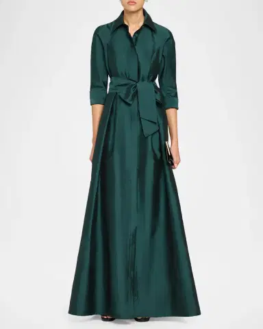 Rickie Freeman for Teri Jon 3/4-Sleeve Taffeta Shirtdress Gown | Thumbnail 2