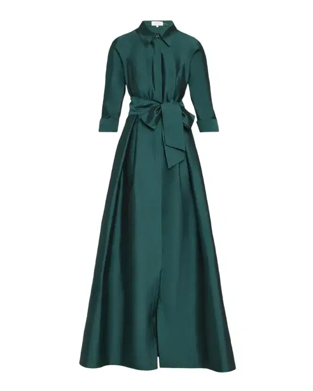 Rickie Freeman for Teri Jon 3/4-Sleeve Taffeta Shirtdress Gown