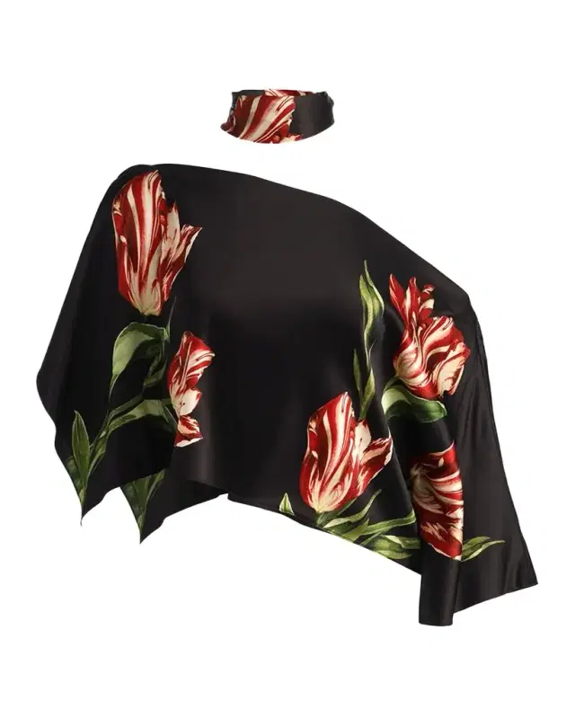 Alice + Olivia Rita Draped Floral One-Shoulder Crop Top