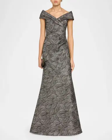 Rickie Freeman for Teri Jon Leaf Pattern Jacquard Off-The-Shoulder Gown | Thumbnail 2