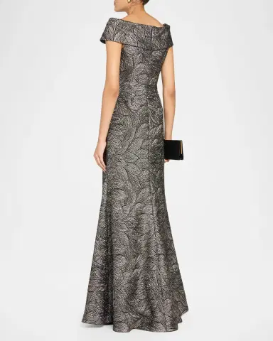 Rickie Freeman for Teri Jon Leaf Pattern Jacquard Off-The-Shoulder Gown | Thumbnail 3
