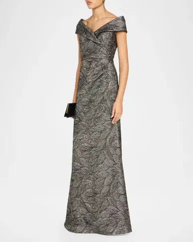 Rickie Freeman for Teri Jon Leaf Pattern Jacquard Off-The-Shoulder Gown | Thumbnail 4