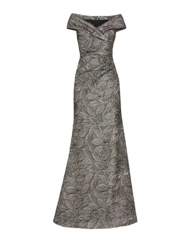 Rickie Freeman for Teri Jon Leaf Pattern Jacquard Off-The-Shoulder Gown | Thumbnail 1