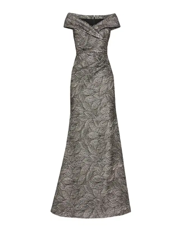 Rickie Freeman for Teri Jon Leaf Pattern Jacquard Off-The-Shoulder Gown